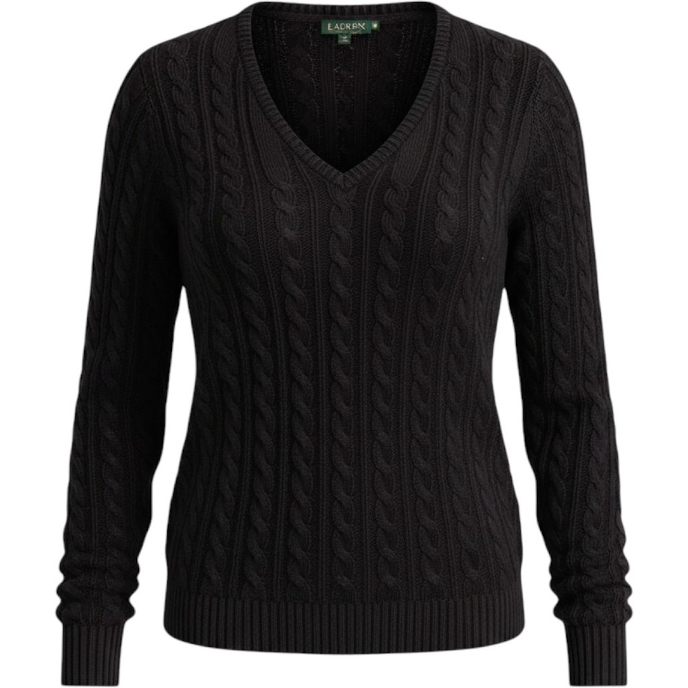 Lauren Ralph Lauren Black Cable Knit Cotton V-Neck Sweater XL